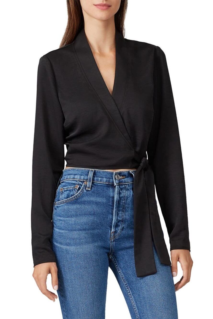The Fifth Label Black Long Sleeve Tuxedo Collar Cropped Wrap Top Glam Women's XS